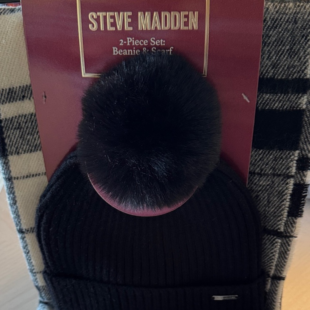 Steve Madden Black Beanie and Checkered Scarf Set